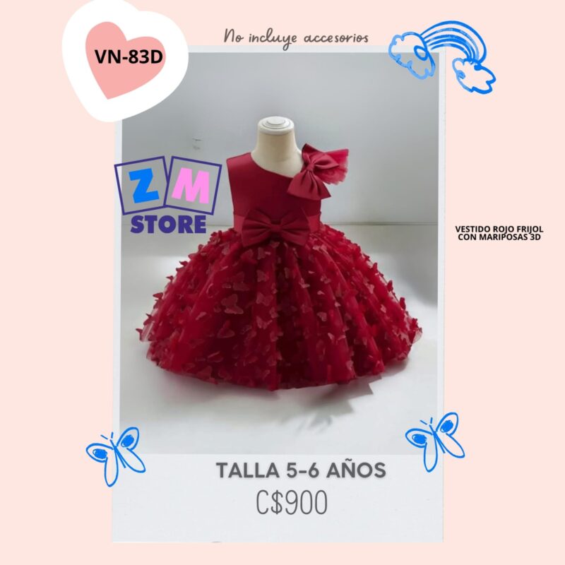 Vestido rojo vino con mariposas,--VN83D