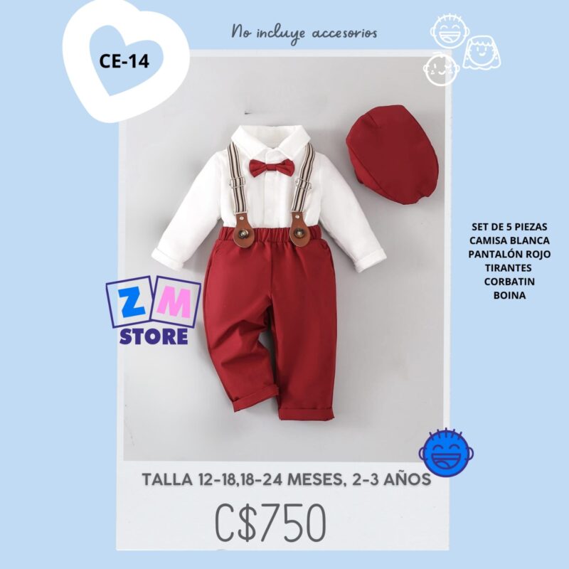 Conjunto para bebé, camisa blanca con pantalón rojo, tirantes y boina - CE-14