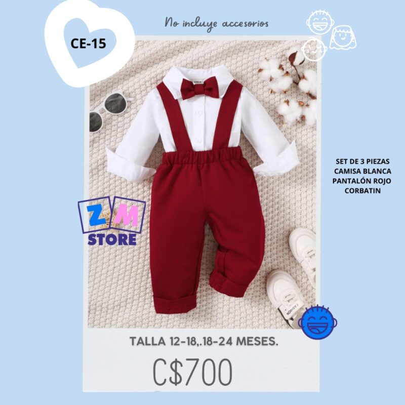Set de 3 piezas, camisa blanca, pantalón rojo y lazo rojo - CE-15