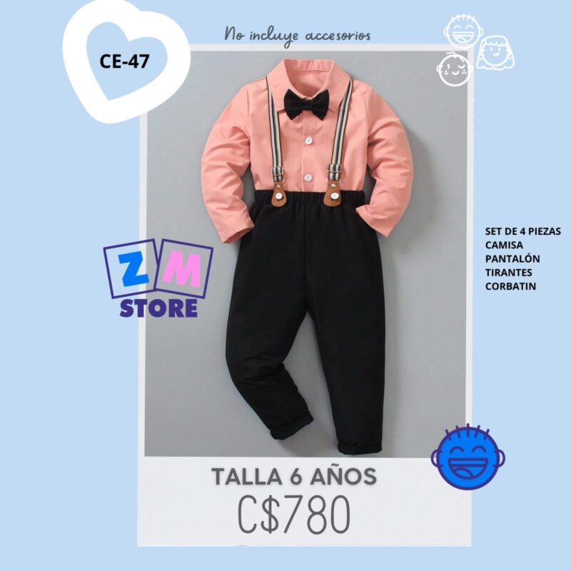 Conjunto de Camisa color salmón con pantalón negro y tirantes - CE-47