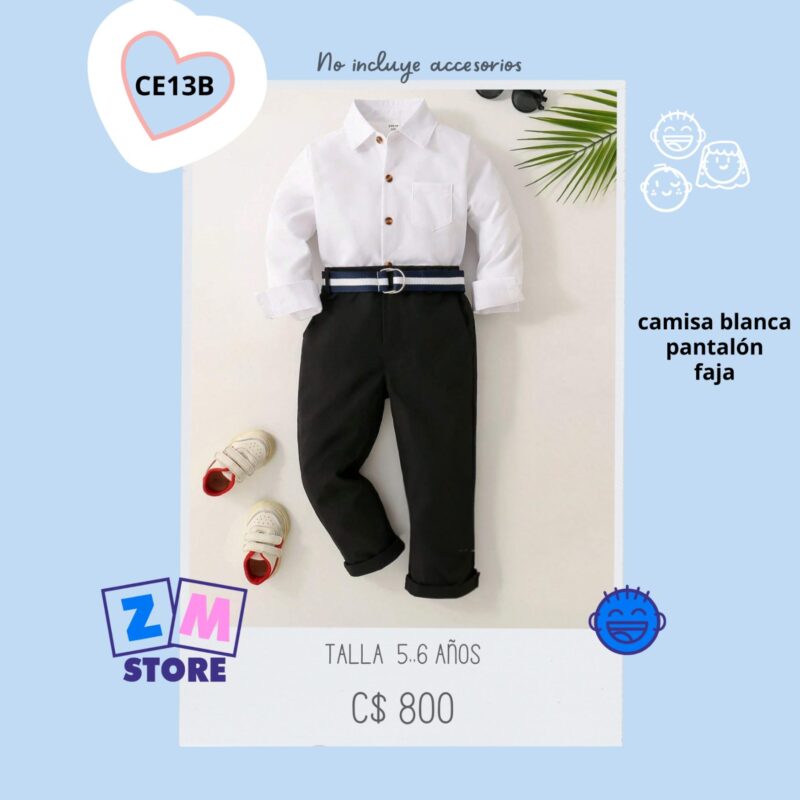 Conjunto elegante con camisa blanca, pantalón negro y cinturón – CE13B