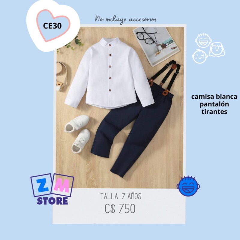 Conjunto de vestir: Camisa blanca manga larga y pantalón azul con tirantes - CE30