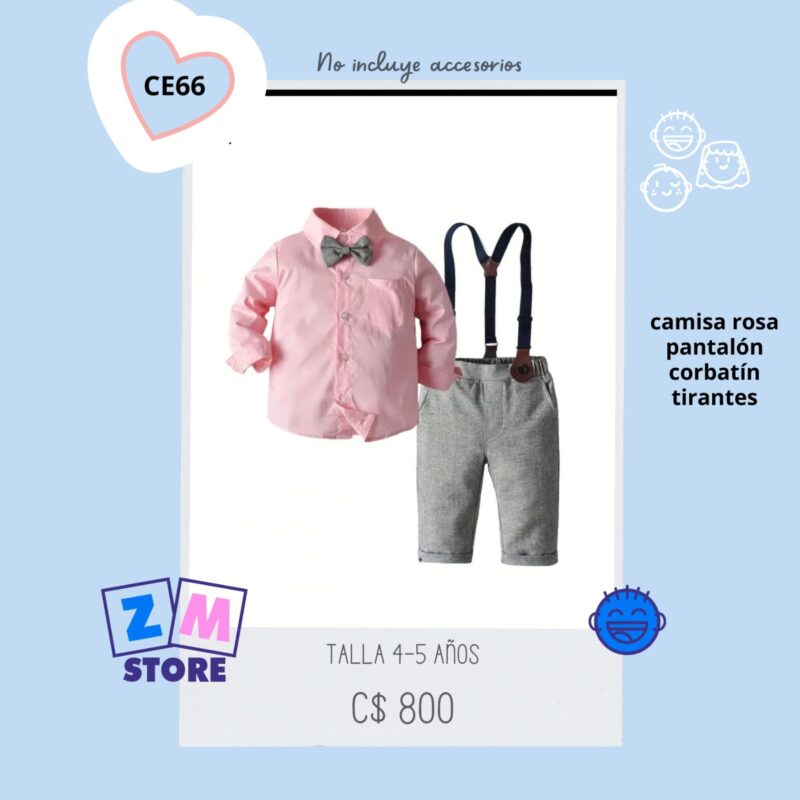 Conjunto elegante con camisa rosa, pantalón gris y tirantes – CE66