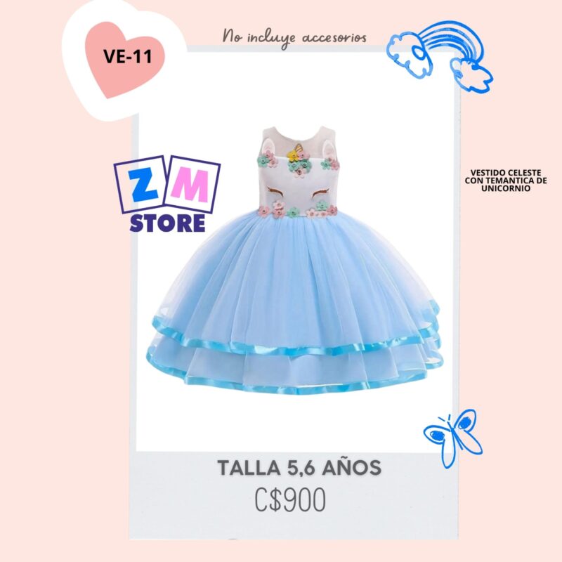 vestido celeste con temática de unicornio.--VE-11