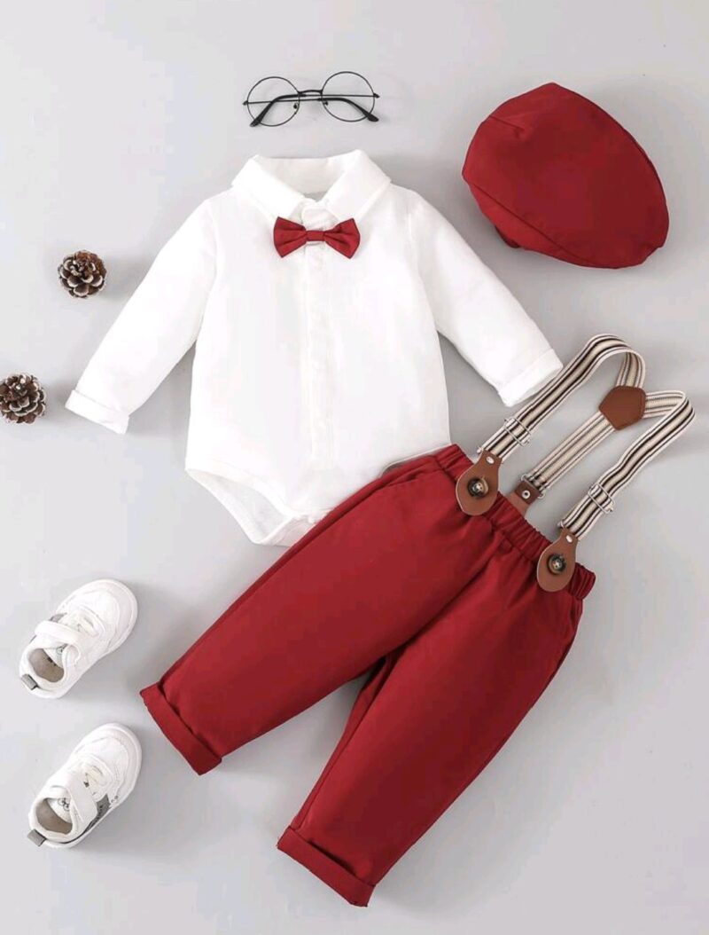 Conjunto para bebé, camisa blanca con pantalón rojo, tirantes y boina - CE-14 - Imagen 2