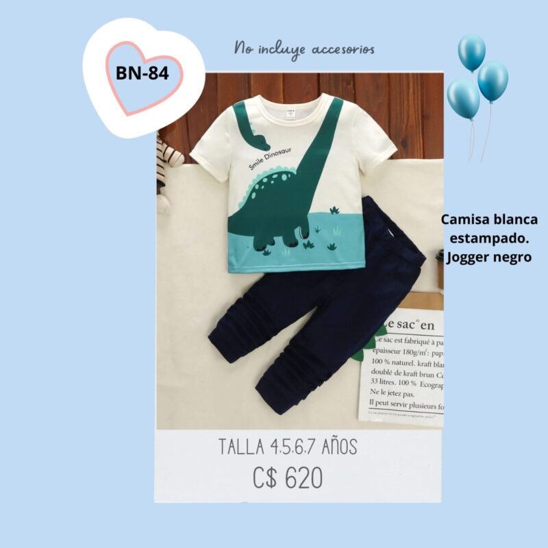 camisa blanca, con estampado de dinosaurio, jogger negro,--BN-84