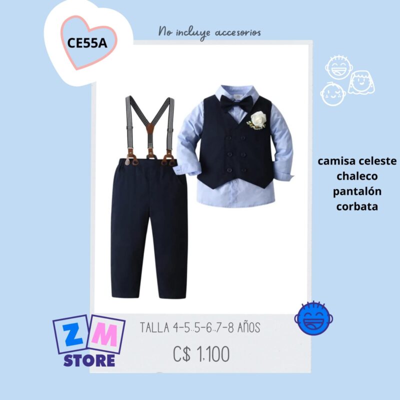Conjunto de 3 piezas, camisa celeste con pantalón azul - CE55A